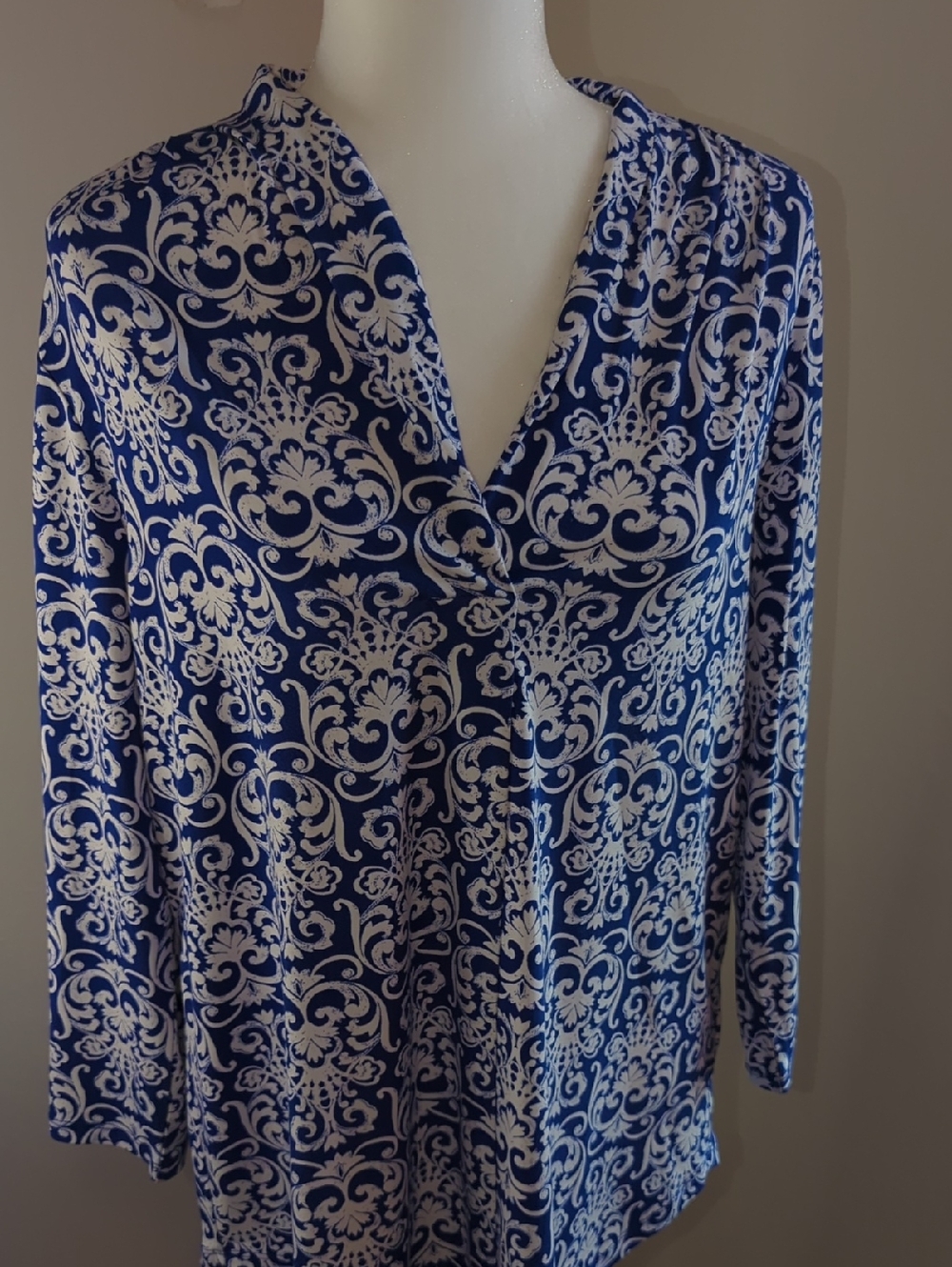 Blue and White Printed V-Neck Women's Blouse